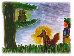 Krishna auf dem Weg zur Sonne. Er begegnet vielen Tieren, wie z.B. einer Euele und einem Fuchs.